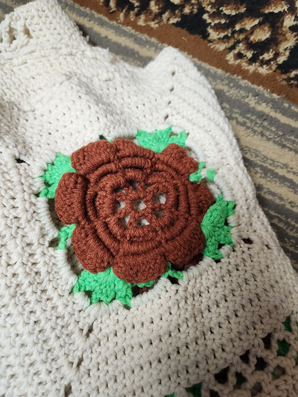 Handmade Cream Crochet Throw with Brown Rose Accents